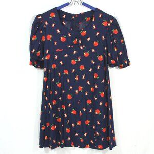 Vintage Handmade Country Apples Short Sleeve Girls Baby Doll Dress Blue 1970s